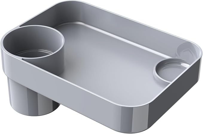 Toddler Car Seat Snack Tray - 3 Inch Cup Holder with Dip Well Fits Most Sippy Cups & Straw Bottles, Mess-Free Square Kids Travel Tray Road Trip Essentials, Grey