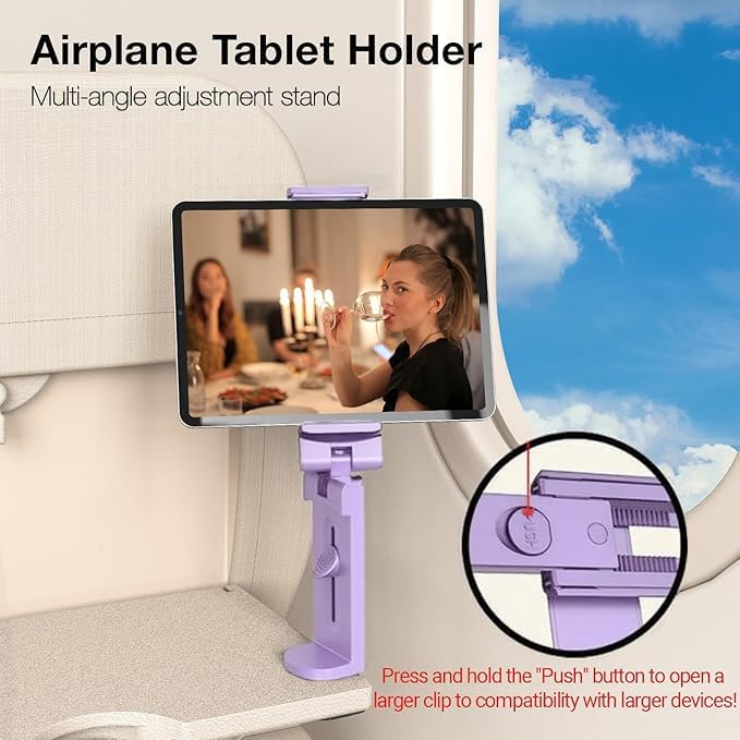 Universal Airplane Tablet Holder, Handsfree Travel Essential Tablet Mount with Multi-Directional 360 Degree Rotation for Flying, Compatible with iPad/Galaxy Tabs, Purple (Only Fits 7–11" Tablets)