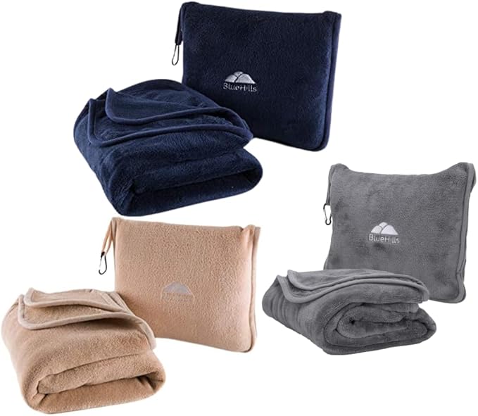 BlueHills Soft Long Travel Blankets 70X48 inches Large Plush Value Pack of 3 - Premium Airplane Essential Flight Throw in a Bag Compact for Plane Travel Gift – Gray, Navy Blue and Beige