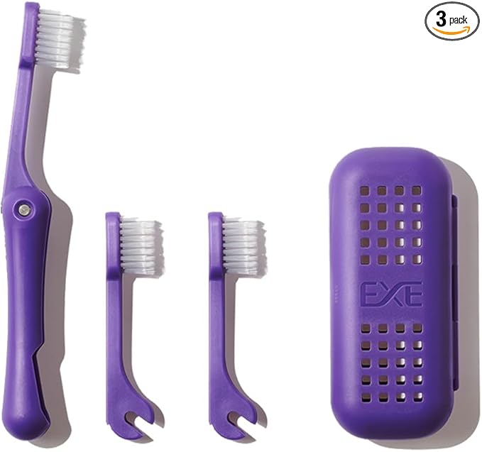 Minibox Folding Travel Toothbrush with Dual-Length Bristles & Case, Compact Mini Design for Business Trips, Camping, and Outdoor Activities, 1 Pack with 2 Extra Replaceable Brush Heads, Purple