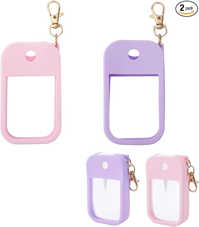 lasuroa 2pcs Hand Sanitizer Spray Case, Thickened Protective Silicone Case Compatible with Touchland Hand Sanitizer Spray with Keychain for 1 Fl Oz Portable Accessory (Pink, Purple)