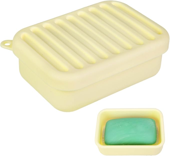 Silicone Leak-Proof Travel Soap Case, Portable Soap Container with Removable Draining Pad, Shatter-Proof Soap Holder for Travel, Gym, Camping, Bathroom(Cream Yellow)