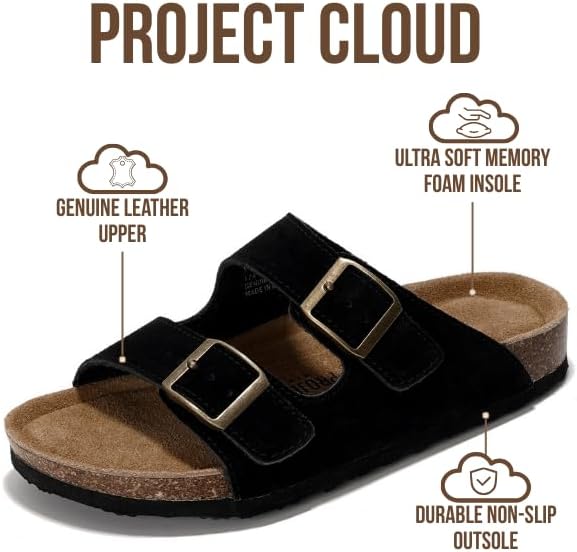 Project Cloud 100% Genuine Leather Flat Sandals For Women 2026 Cork Footbed Womens Sandals with Memory Foam and arch support Vacation Essentials Slides for Women Footwear (Venita)