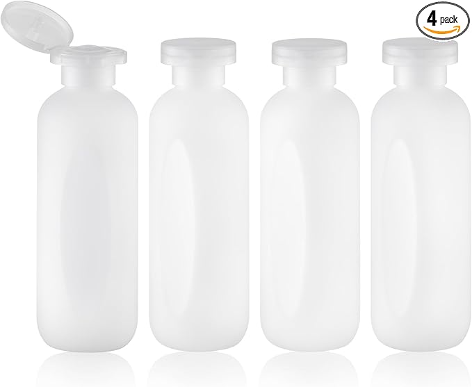 Empty Shampoo Bottles 6.7oz - Large Size Refillable Plastic Liquids Toiletry Containers - Empty Leak Proof Lotion Toiletries Dispenser - Clear Flip Cap Top Body Wash and Cosmetic Set 4 Pack