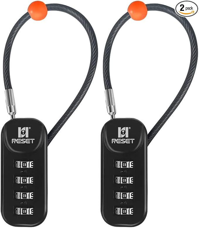 RESET-192 4 Digit Combination Padlock with 10cm(4 inch) Cable,Travel Lock for Luggage,Suitcase,Baggage,Backpack,Toolbox,Case,Black,2 Pack