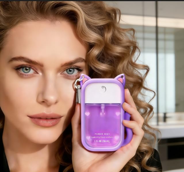 Portable Silicone Case Compatible with Touchland Hand Sanitizer 1 FL OZ / 30ML, Cute Cat-Shaped Case with 8 Charms and Keychain, Hand Sanitizer Spray Accessory, Gift for Women And Teens(Purple cat)