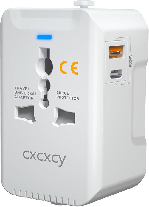 20W PD Fast Charging Universal Travel Adapter, 3-in-1 with 1 Type-C & 1 USB-A Ports, European Plug, International Power Adapter for US/JP/EU/UK/AUS/CHN, Worldwide Travel Essentials White