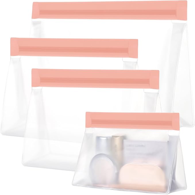PACKISM Leakpoof Clear Cosmetic Bags - Sealed TSA Approved Toiletry Bags, Reusable and Easy to Clean, Semi-Transparent Clear Toiletry Bag, Carry on Airport Airline Compliant Bag, 1L+2M+1S, Pink