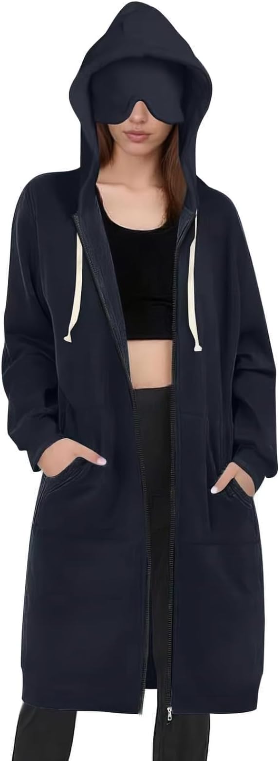 Travel Hoodie for Women Mens with Built In Eye Mask Hidden Pockets Airplane Travel Zip Up Outfits