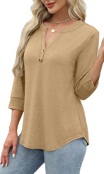 OFEEFAN Womens Tops 3/4 Sleeve Henley Shirts for Women Summer Outfits Fashion Clothing