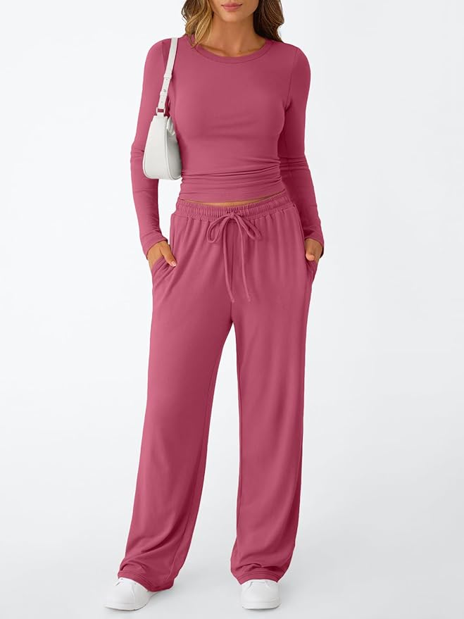 Trendy Queen Women's 2 Piece Matching Lounge Set Long Sleeve Side Ruching Top Wide Leg Drawstring Pants Set with Pockets