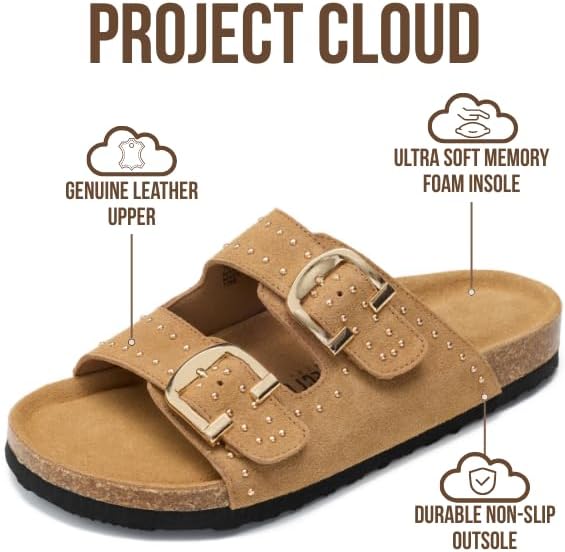 Project Cloud 100% Genuine Leather Flat Sandals For Women 2026 Cork Footbed Womens Sandals with Memory Foam and arch support Vacation Essentials Slides for Women Footwear (Venita)