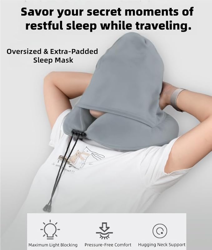 Travel Neck Pillow with Extra Large Hood Rollable Airplane Hooded Neck Pillow with Memory Foam Filling and Removable, Skin-Friendly Cover with Carrying Case & Pouch (Velvet)