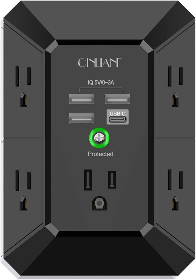 USB Wall Charger, Surge Protector, QINLIANF 5 Outlet Extender with 4 USB Charging Ports (4.8A Total) 3-Sided 1680J Power Strip Multi Plug Outlets Wall Adapter Spaced for Home Travel Office, Black