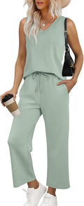 WIHOLL Two Piece Set for Women Summer Outfits Vacation Trendy Lounge Sets V Neck Matching Sets