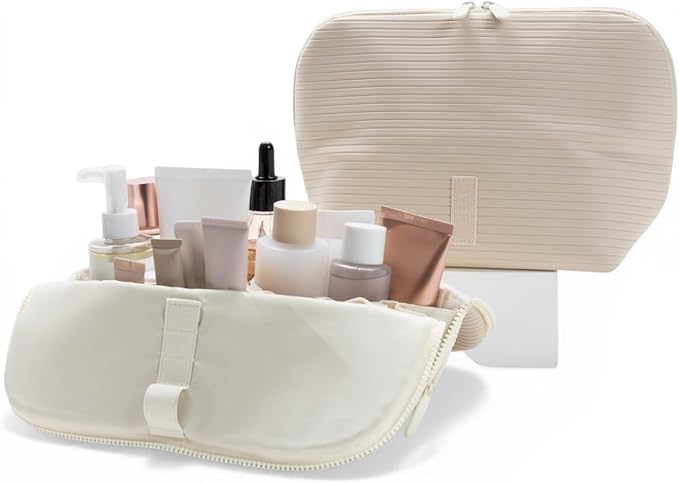 THE VERTI-Vertical Waterproof Makeup & Toiletry Bag | 23-Pocket Organizer with Upright, Fold-Down Design for Skincare, Toiletries & Essentials (Shell, Medium)