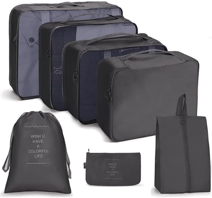 7-Piece Travel Packing Cube Set, Waterproof Luggage Organizers with Shoe Bag, Beige (Black)