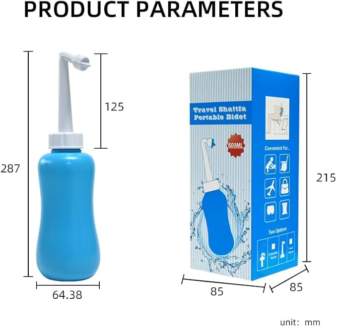 Portable Travel Bidet 600ml – Personal Hygiene Cleaning Bottle with Angled Nozzle, Includes Storage Bag & Box, Easy to Use, Reusable & Travel-Friendly