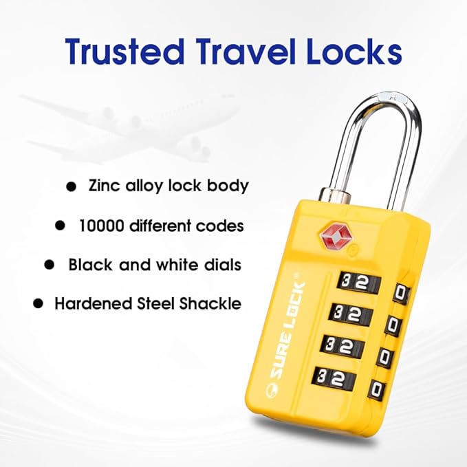 SURE LOCK TSA-Approved 4-Digit Resettable Combination Lock with Open Alert, Easy-Read Dials - for Luggage, School Lockers, Gym, Office, Toolbox & Security Cases (Yellow 2 Pack)