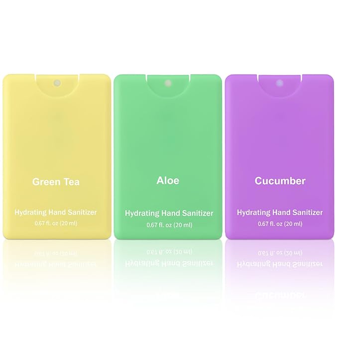 Set of 3 Power Mist Hydrating Hand Sanitizer Spray Bulk Travel Size Refreshing Hand Sanitizer 0.67 Fl. oz Compact Card Spray Bottle Aloe Green Tea Cucumber Scent for Adult Backpack Purse Pocket