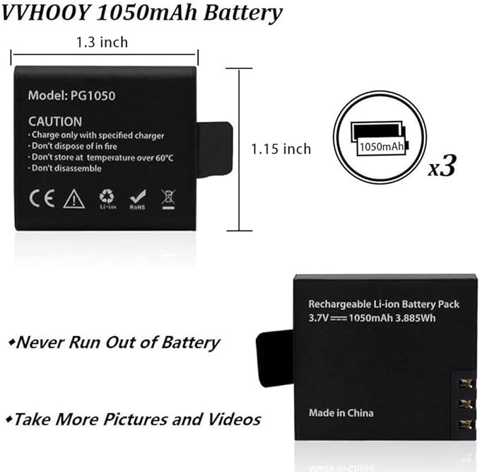 3 x 1050mAh Rechargeable Action Camera Battery with USB Dual Charger Compatible with AKASO EK7000/Brave 4/V50X/Apexcam/VEMONT/Dragon Touch Vision 3/REMALI CaptureCam/Jadfezy Action Camera