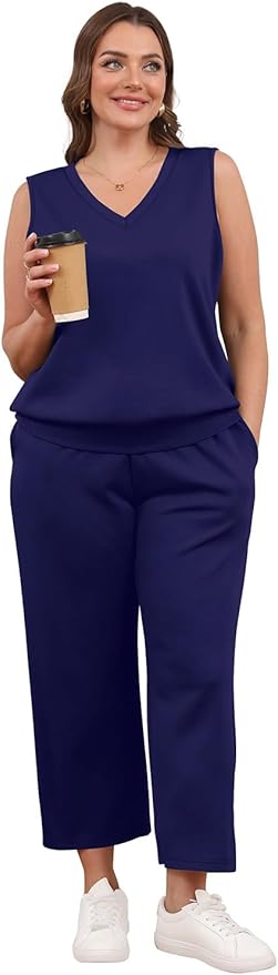 WIHOLL Two Piece Set for Women Summer Outfits Vacation Trendy Lounge Sets V Neck Matching Sets