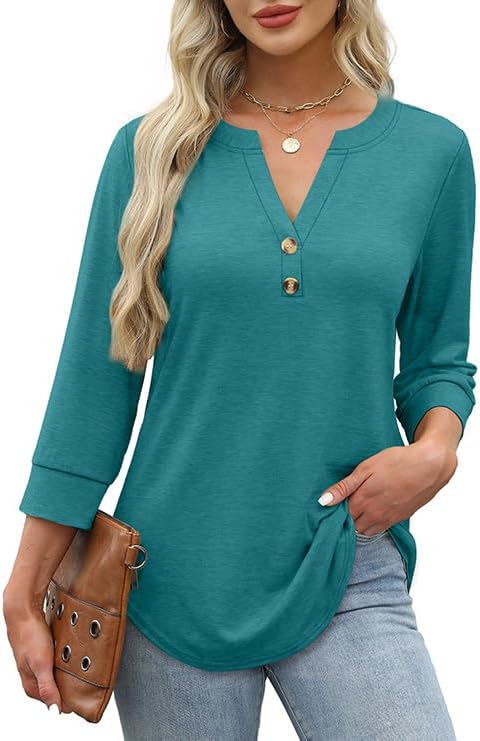 OFEEFAN Womens Tops 3/4 Sleeve Henley Shirts for Women Summer Outfits Fashion Clothing