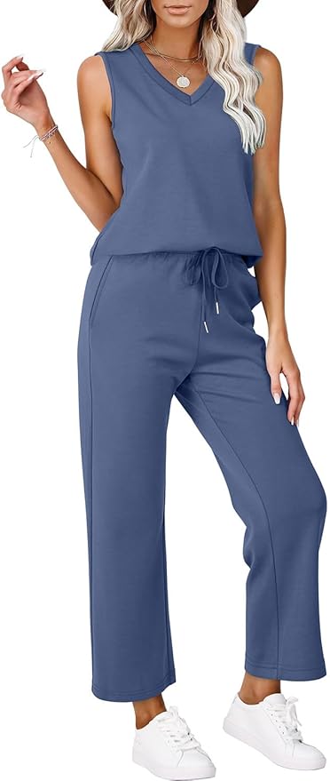 WIHOLL Two Piece Set for Women Summer Outfits Vacation Trendy Lounge Sets V Neck Matching Sets