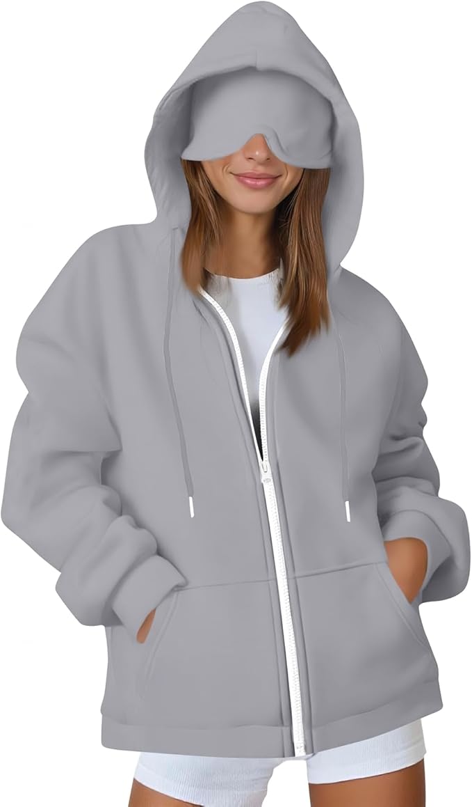 Travel Hoodie for Women Mens with Built In Eye Mask Hidden Pockets Airplane Travel Zip Up Outfits