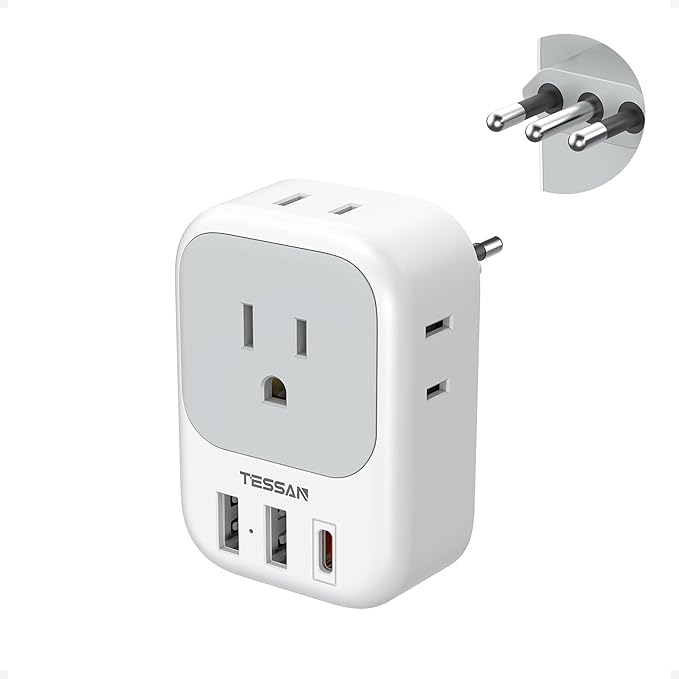 TESSAN Italy Travel Plug Adapter, Type L Adapter for Travel with 4 Outlets 3 USB Ports (1 USB-C), Power Adaptor for US to Italy Chile Rome Uruguay Milan Libya
