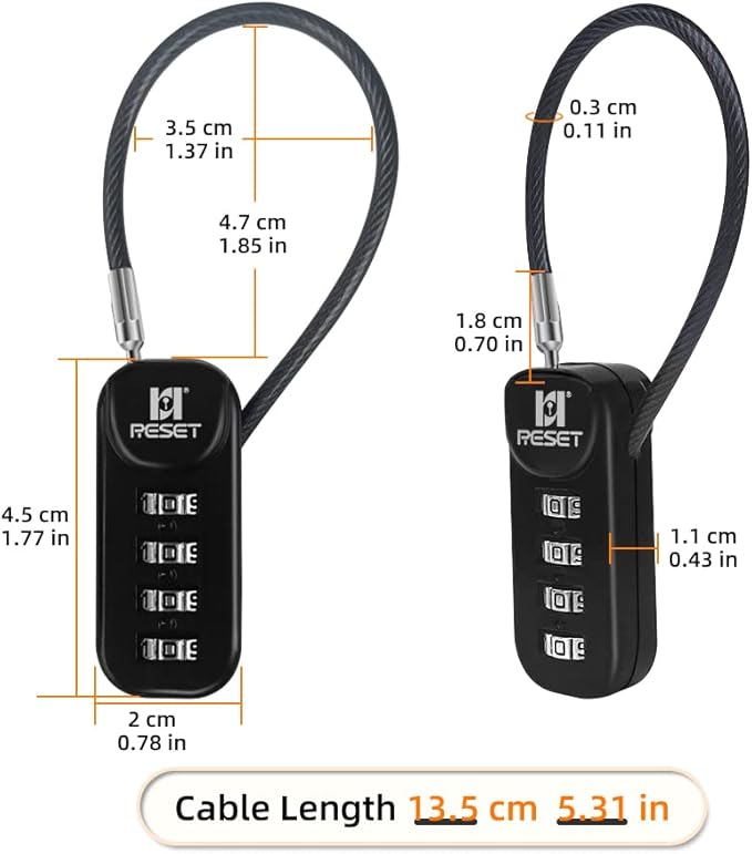RESET-192 4 Digit Combination Padlock with 10cm(4 inch) Cable,Travel Lock for Luggage,Suitcase,Baggage,Backpack,Toolbox,Case,Black,1 Pack