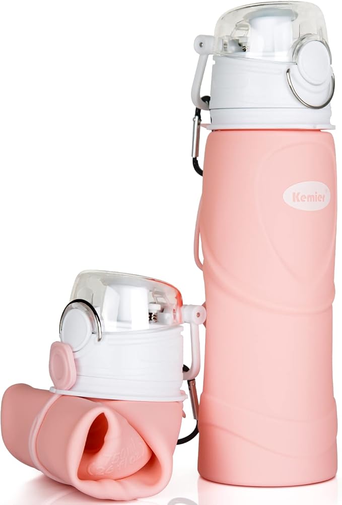 Kemier Collapsible Silicone Water Bottles-750ML,Medical Grade,BPA Free Travel Water Bottle Can Roll Up,26oz,Leak Proof Foldable Sports & Outdoor Water Bottles