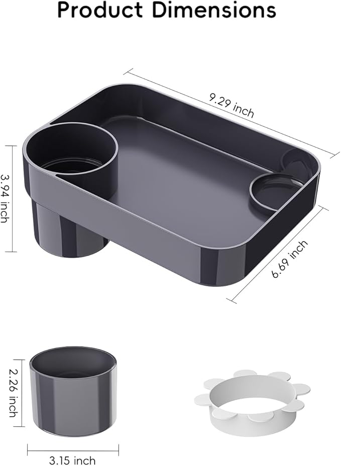 Toddler Car Seat Snack Tray - 3 Inch Cup Holder with Dip Well Fits Most Sippy Cups & Straw Bottles, Mess-Free Square Kids Travel Tray Road Trip Essentials, Dark Grey