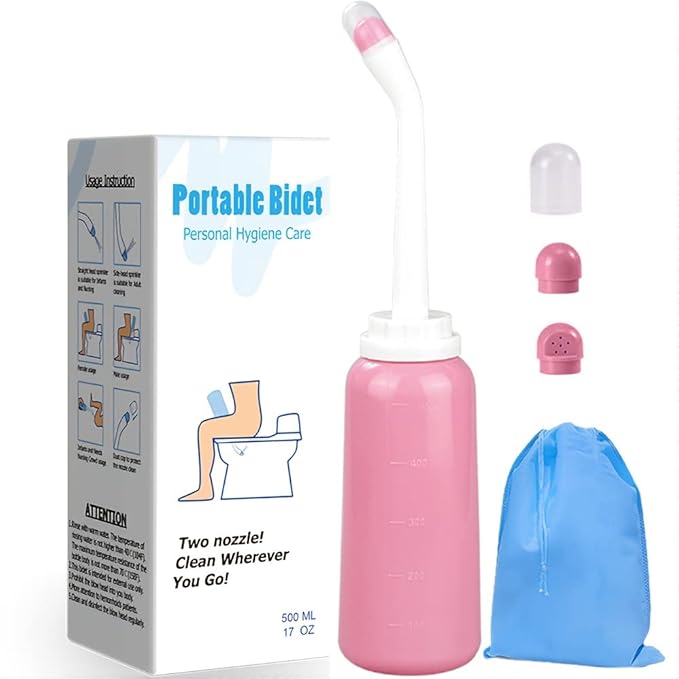 Handheld Personal Bidet Bottle, Bottle for Gentle Postpartum Care and Cleansing, Feminine Care， Personal Perineum Cleansing, 500Ml Portable Bidet Travel Bidet（Pink）, Resistant to 100ºC,Bonus Bag