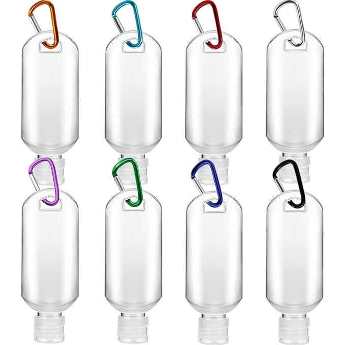 8 Pcs Travel Size Bottles with Keychain Hand Sanitizer Holder, 2 oz Portable Plastic Small Empty Bottles Leakproof Refillable Squeeze Containers for Backpack