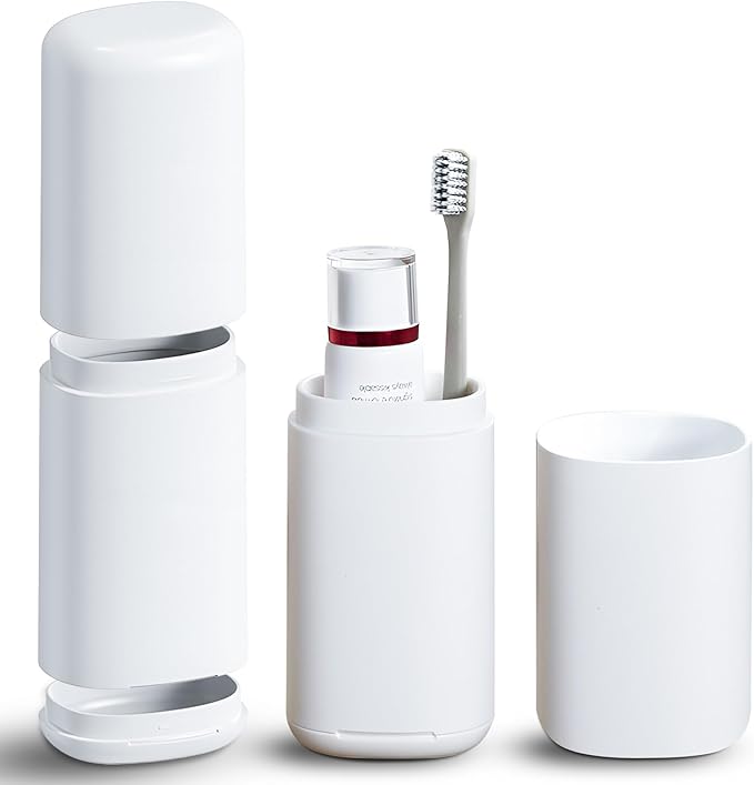 AIMAIAIMAI Travel Toothbrush Case with Cup, White - Toothbrush and Toothpaste Travel Case, Doubles as Dorm Toothbrush Holder, Detachable Base, Compact Toothbrush Covers for Camping, Business Trip