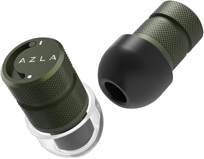 AZLA POM1000 II – Noise Cancelling Ear Plugs for Sleeping, Airplane Travel, Motorcycles, Shooting, Concerts – 35dB Hearing Protection, Adjustable Vent, Metal Case, 6 Ear Tips (Green)