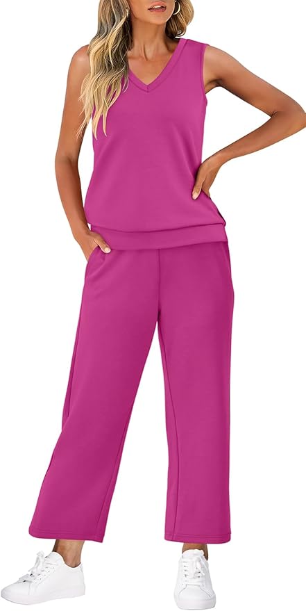 WIHOLL Two Piece Set for Women Summer Outfits Vacation Trendy Lounge Sets V Neck Matching Sets