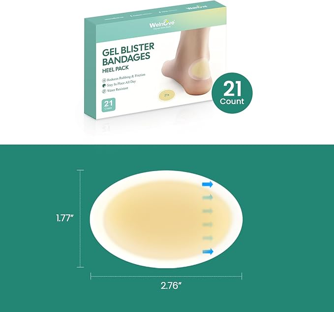 Welnove Gel Blister Bandages for Feet - 21ct Blister Cushion for Heel, Toe - Water-Resistant Hydrocolloid Bandages - Blister Pads for Prevention & Recovery (Heel Pack)