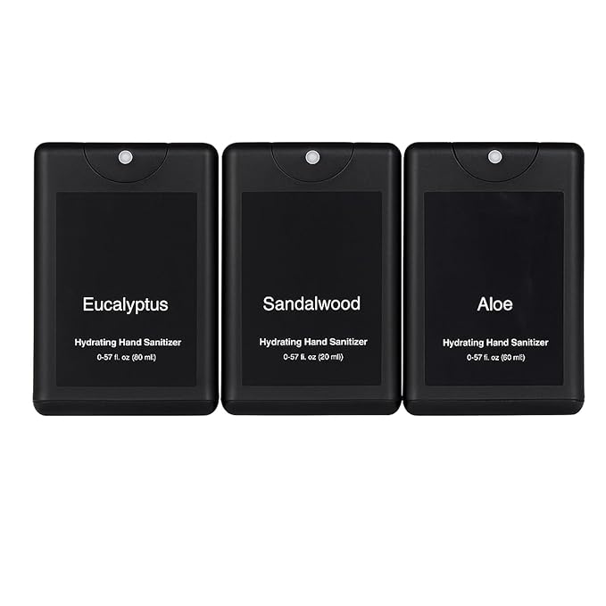 Set of 3 Power Mist Hydrating Hand Sanitizer Spray Bulk Travel Size Quick-drying Hand Sanitizer 0.67 Fl. oz Compact Card Spray Bottle Eucalyptus Sandalwood Aloe Scent for Men Car Compartments