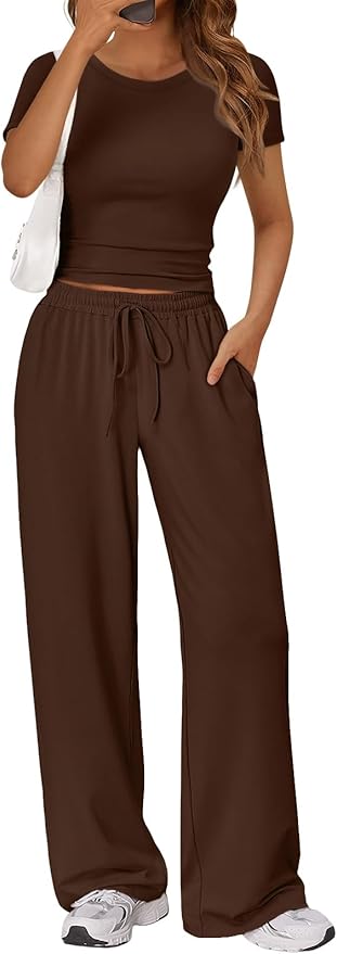 Trendy Queen 2 Piece Matching Summer Lounge Set Womens Side Ruching Top Wide Leg Pants Sets with Pockets