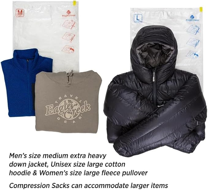 Eagle Creek Pack-It Compression Bags for Travel Set - Featuring One-Way Pressure Valve & Zip - For Efficient Travel Bag Packing - Water Resistant - Clear - Medium/Large (Pack of 2)