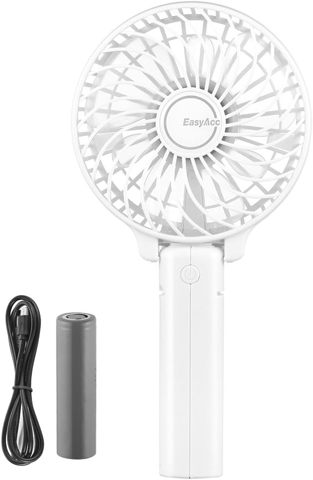 EasyAcc Handheld Fans [2x Crossbody Straps/2xDIY Stickers] for Portable Fan and Phones -Up to 10H Rechargeable Foldable Hand Desktop Fan for Home and Travel - White
