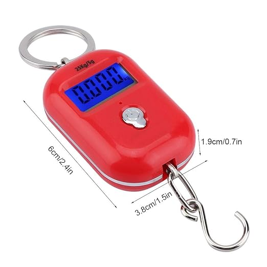 Mini Electronic Scale, Fish Weighing Scales Red Portable 25Kg/5G Hanging Scale Digital Pocket Key Chain Weight Hook Kitchen Food Weight Gauge Measuring Tools with Backlight for Home Farm Market