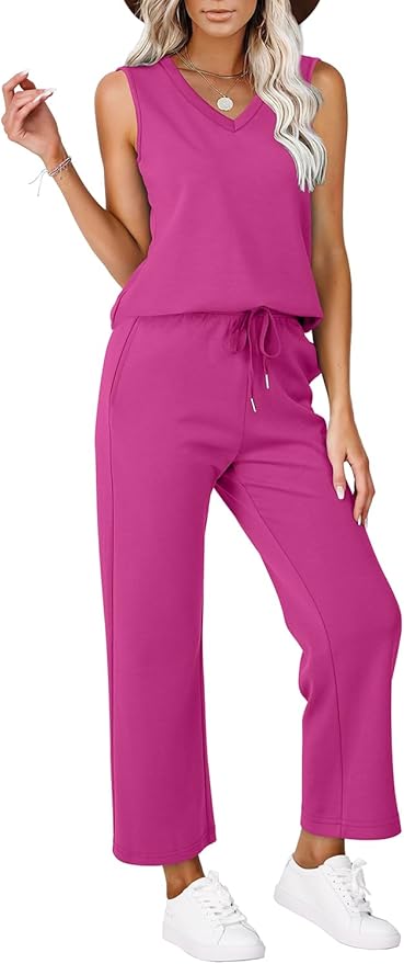 WIHOLL Two Piece Set for Women Summer Outfits Vacation Trendy Lounge Sets V Neck Matching Sets
