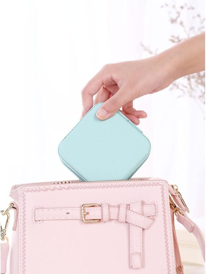 ZPROW Travel Jewelry Case, Mini Portable Jewelry Travel Boxes, Small Jewelry Organizer for Rings, Earrings, Pendants, Watches, Necklaces, Lipsticks Organizer Storage Holder Case (Cyan Blue)