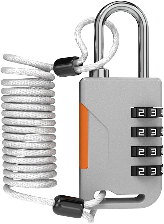 4 Digit Combination Padlock with Retractable Cable (36in), Ski Lock, Combo Cable Lock for Snowboard, Travel Luggage, Suitcase, Bike, Gym Locker, Cabinet, Fridge, Refrigerator Door (Gray)