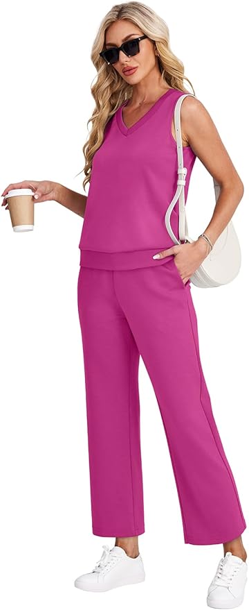WIHOLL Two Piece Set for Women Summer Outfits Vacation Trendy Lounge Sets V Neck Matching Sets