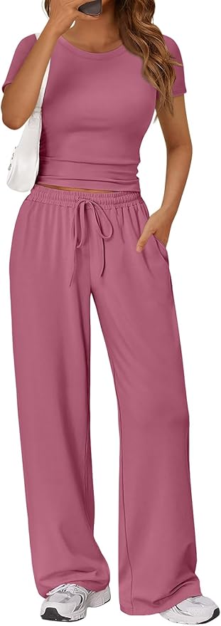 Trendy Queen 2 Piece Matching Summer Lounge Set Womens Side Ruching Top Wide Leg Pants Sets with Pockets