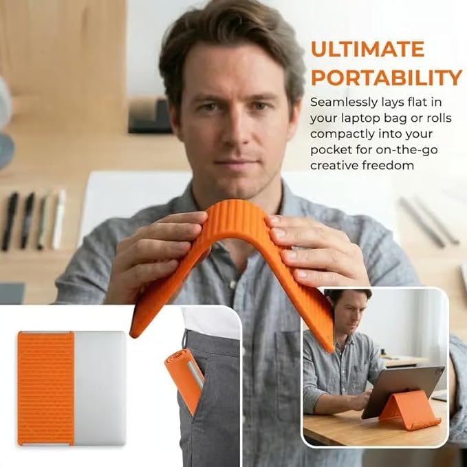 Universal Flexible Silicone Phone Holder Stand - Multi-Angle Foldable Tablet Holder & Laptop Riser - Portable Travel Essentials for Airplane, Office & Home - Non-Slip, Heat Dissipation Design,Orange